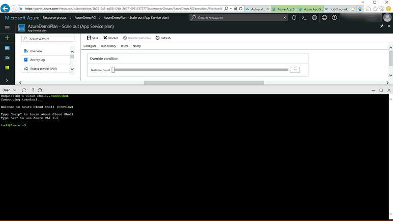 An azure account web page and terminal