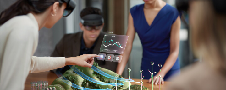 Woman working with augmented reality headset.