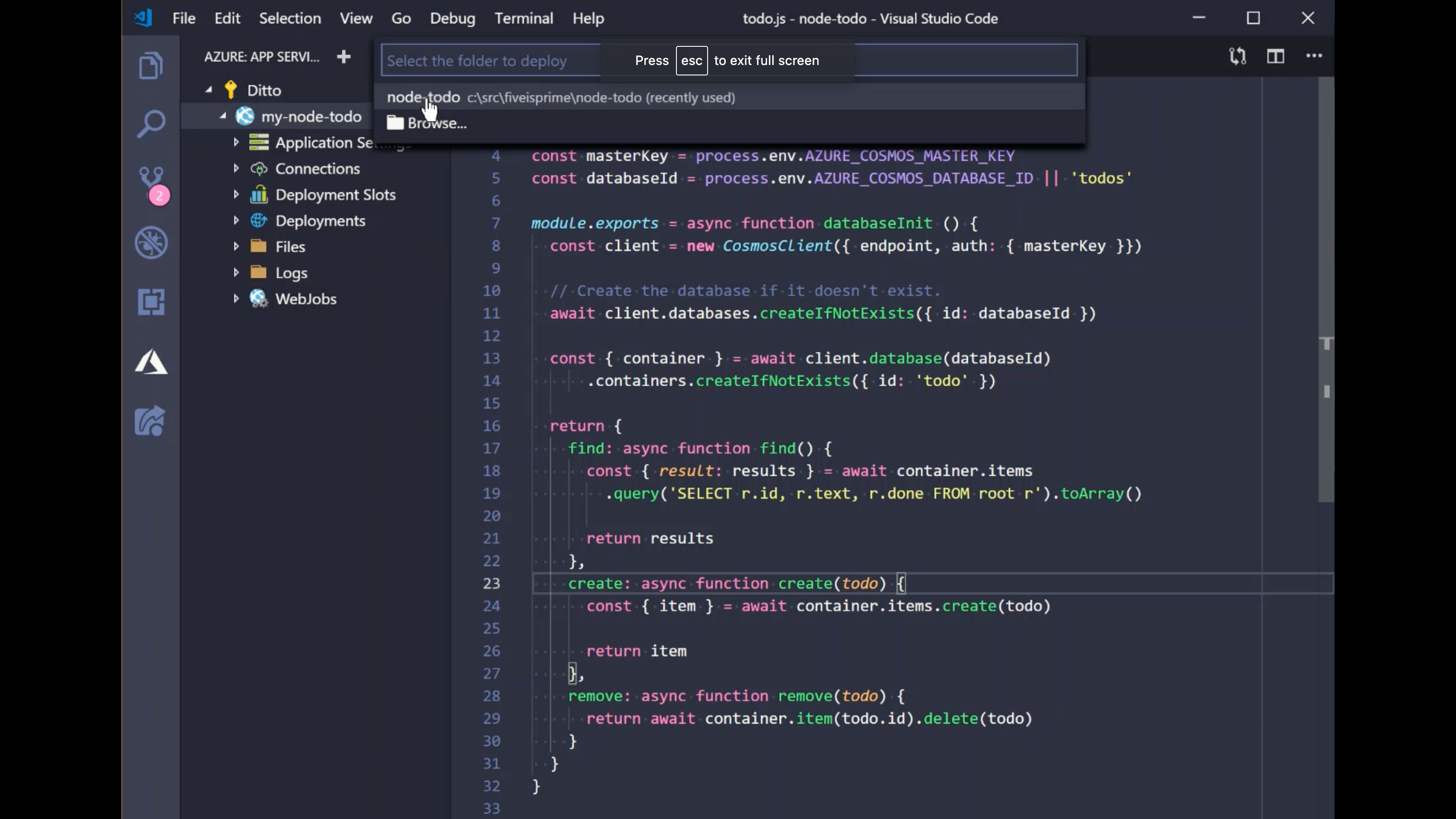 使用 Visual Studio Code 将 Node.js 应用部署到 Azure