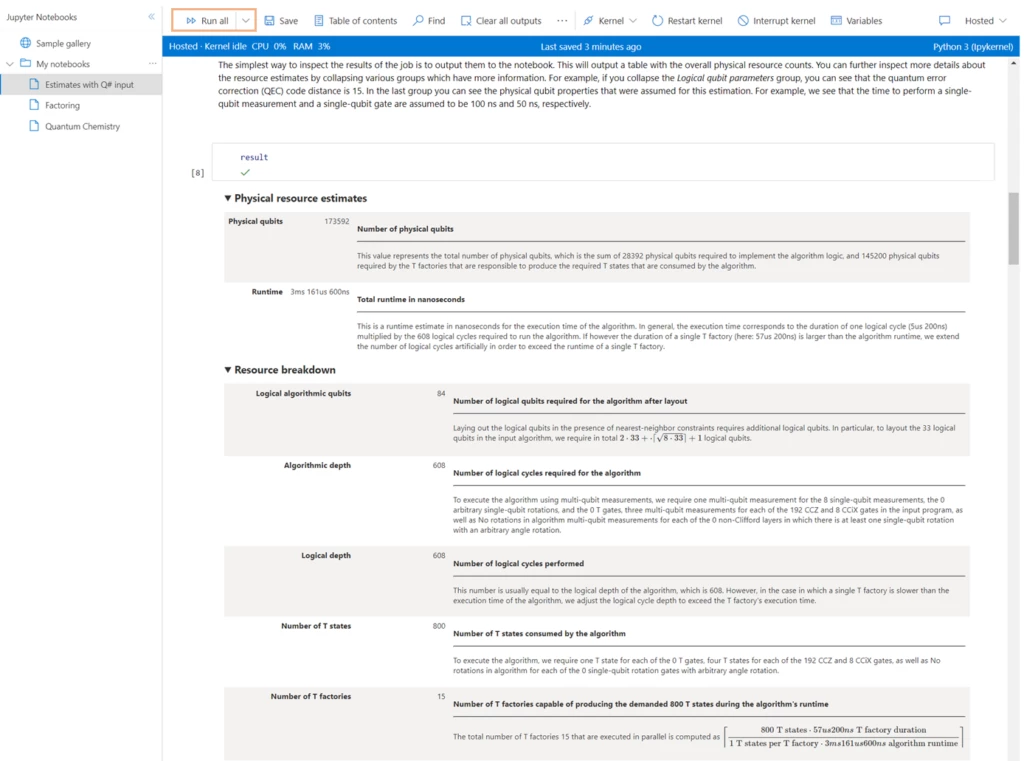 Screenshot of the resource estimation tool results.
