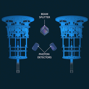 An animation titled ‘Unlocking a quantum network’ which demonstrates information being entangled and transmitted between two quantum computers through a beam splitter and photon detectors.