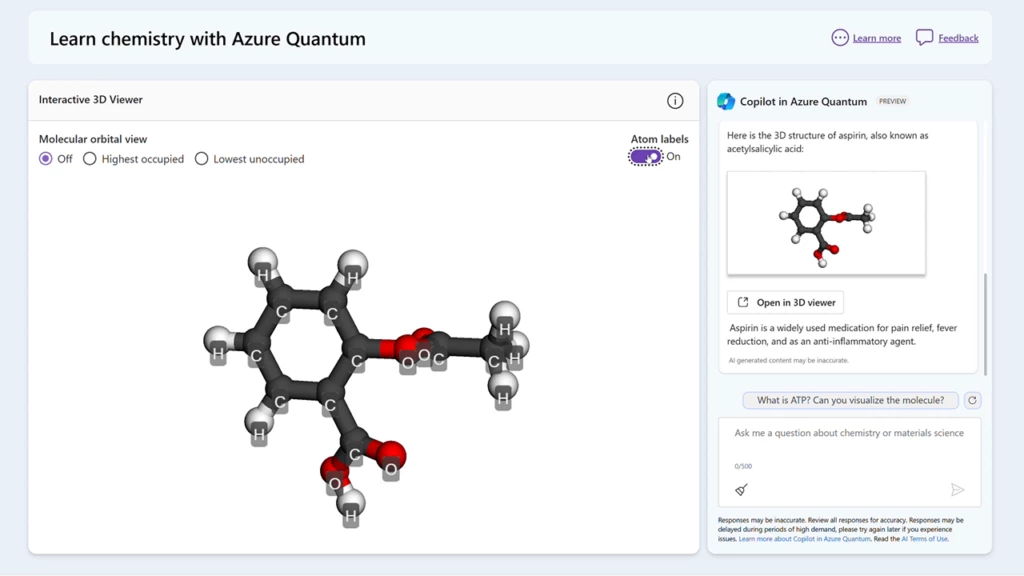 Screengrab of 3D visualization of aspirin molecule within the online Copilot experience.